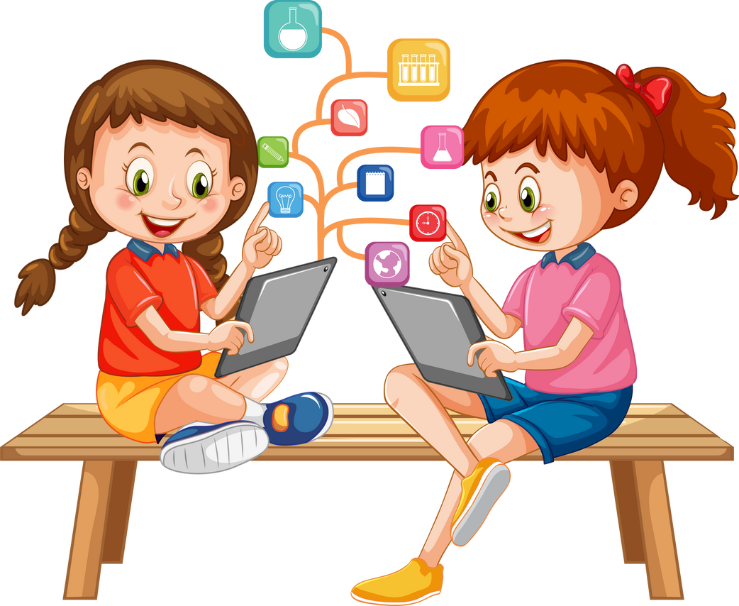 Kids using tablet with education icons